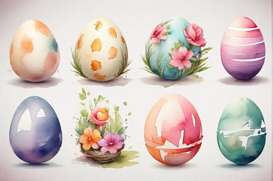 Easter Eggs. Set of colorful egg hand drawing illustrations in watercolor style. Decorative elements. AI generated