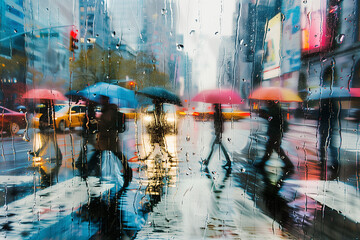 雨の交差点を渡るカラフルな傘をもって歩く人々 - obrazy, fototapety, plakaty