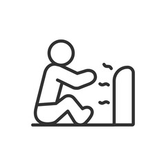 A person warming himself at a heater, linear icon. Line with editable stroke