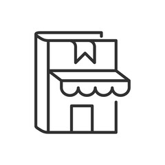 Bookshop, linear icon. A bookshop in the shape of a book. Line with editable stroke