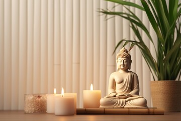 a statue of a buddha sitting on a bamboo mat next to candles