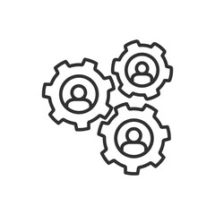 Teamwork, gears and people, linear icon. Line with editable stroke