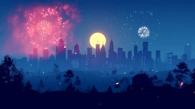 Fireworks in the city at full moon. Seamless looping time-lapse 4k video animation background