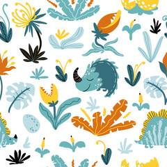 Fototapeta na wymiar Tropical dinosaur seamless pattern. Vector illustration characters in fantastic plants and flowers with teeth in cartoon Scandinavian style. Childish design for baby clothes, textiles nursery wall art