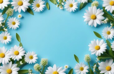 Fototapeta premium Top view photo of fresh colorful flowers. Colorful flowers decoration. Pastel blue, green and white colors. Greeting card for spring holidays. Template for Birthday, Women's Day, Mother's Day.