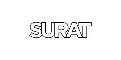 Surat in the India emblem. The design features a geometric style, vector illustration with bold typography in a modern font. The graphic slogan lettering.