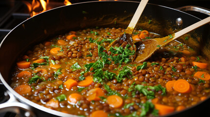 Lentils soup cooking with carrots and onions