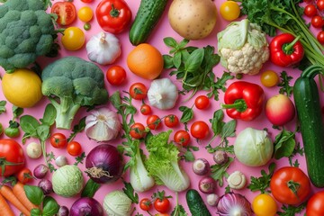 Assorted colorful fresh vegetables and fruits on a vibrant pink background, top view
