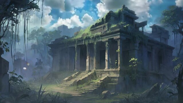 Immerse yourself in the timeless allure of a secluded temple as depicted in this 4k video loop, where ancient ruins are embraced by the tranquility of green moss