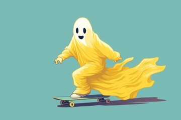 a cartoon of a person in a garment riding a skateboard - obrazy, fototapety, plakaty