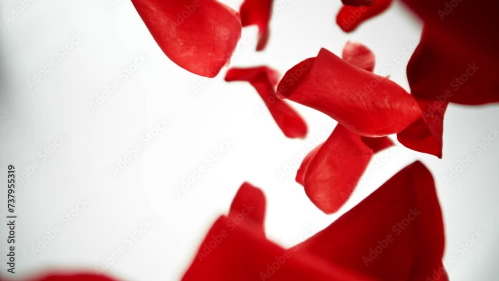 Poster super slow motion of falling rose petals on white background. camera placed on high speed cine bot, 