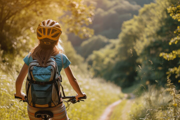 Rear view of a young female cyclist riding a mountain bike along a trail in a picturesque summer forest. Extreme sports and enduro biking concept.