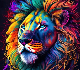 Lion head with multicolored feathers. Abstract colorful background.
