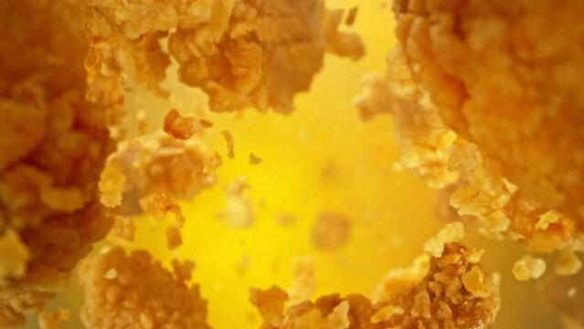 Super Slow Motion of Flying Fried Chicken Piecers on Golden Background. Camera Makes Rotation Move. Filmed on High Speed Cinema Camera, 1000fps.