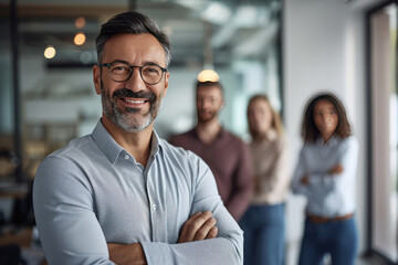 Obraz premium Confident businessman leader with crossed arms and blurred collaborative team on modern office background