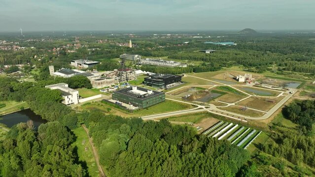 Thor Park - New Business, Science, And Technology Park In Genk, Belgium. aerial pullback shot