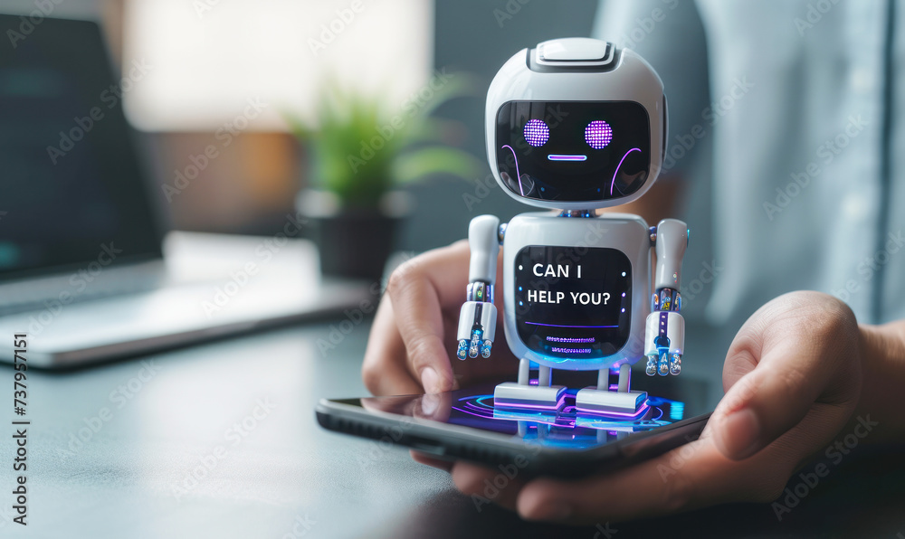 Poster business person using smartphone to interact with modern ai chatbot can i help you message for custo