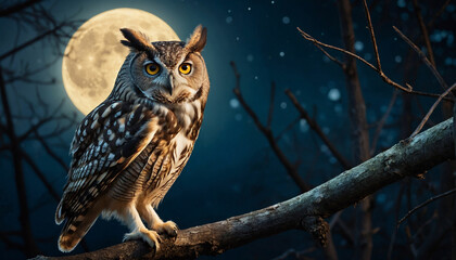 Obraz premium Beauty of an owl perched on a branch against the backdrop of a full moon, its feathers softly glowing in the moonlight, conveying both the mystery and tranquility of the nocturnal world