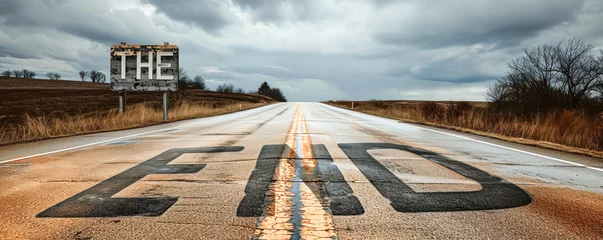 Foto op Canvas The words THE END dramatically emblazoned across a desolate highway stretching towards the horizon under an overcast sky © Bartek