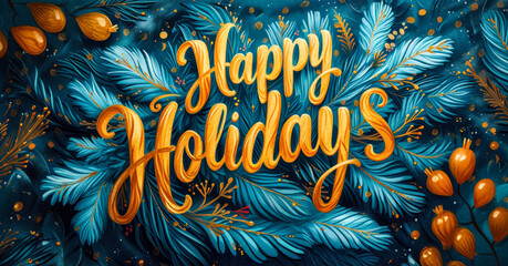Happy Holidays written in golden script against a dark green fir tree backdrop, conveying warmth and festive cheer of the season