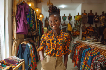 Fototapeta na wymiar Stylish African female fashion designer in traditional attire with a bright smile in a boutique setting