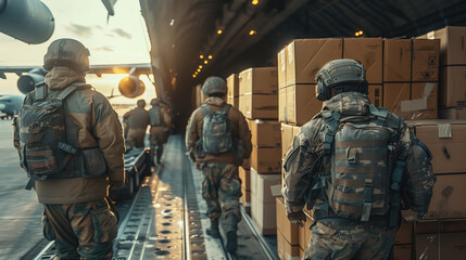 Soldiers in camouflage gear board a military aircraft, surrounded by cargo and supplies, ready for deployment. - obrazy, fototapety, plakaty