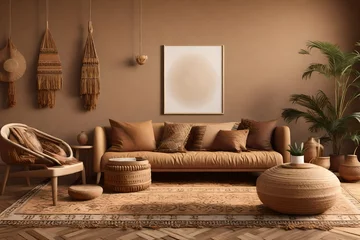 Photo sur Plexiglas Style bohème Home interior with ethnic boho decoration, living room in brown warm color, 3d render