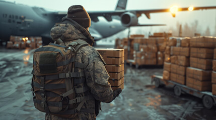 A soldier with a backpack looks on as cargo is loaded onto a military transport plane at dawn.