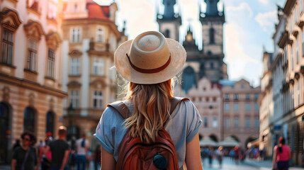 Beautiful tourist young woman walking in Prague city street on summer, Czech Republic, tourism travel holiday vacations concept in Europe - obrazy, fototapety, plakaty
