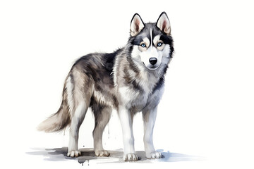Husky dog portrait. Stylized watercolour digital illustration of a cute dog with big blue eyes. - 737958750