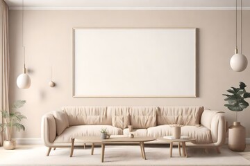 Poster frame mock-up in home interior background, living room in beige tones, 3d render