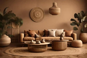 Papier Peint photo Lavable Style bohème Home interior with ethnic boho decoration, living room in brown warm color, 3d render