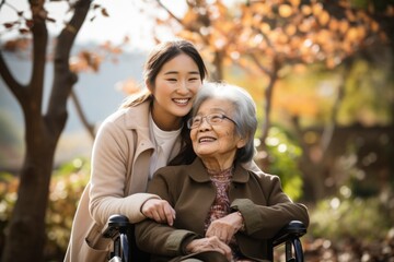 Fototapeta premium Caring Nurse with Elderly Woman in Wheelchair Enjoying Autumn Park.