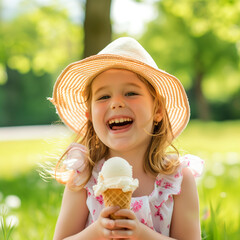 A little girl holds ice cream in a cone and smiles widely on a bright sunny day in the park