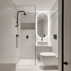 Ultra-compact bathroom with distinct wet and dry zones, showcasing a modern, minimalist, and unique design style