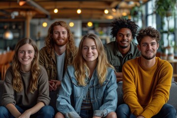 Smiling Diverse Group of Friends Enjoying Time Together in Cafe.