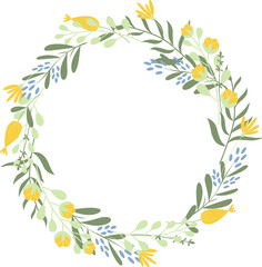 Fototapeta na wymiar Handdrawn wreath with yellow and blue spring flowers. 
