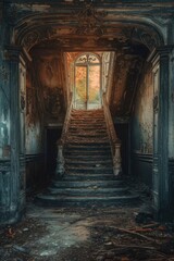 Abandoned Mansion Staircase with Dramatic Light Through Doorway.