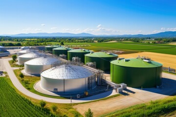 Biogas Plant Storage Tanks Amidst Agricultural Fields in Aerial Perspective. - obrazy, fototapety, plakaty
