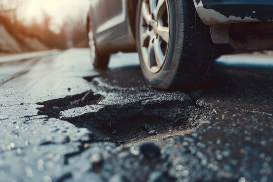Close up of a car tyre next to a pothole in the road