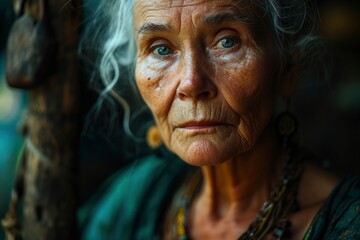 Intense close-up portrait of an elderly woman with striking blue eyes.