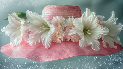 Obraz na płótnie Canvas Pale pink hat decorated with pale pink chrysanthemums and white gladioli. The four seasons concept. Autumn.