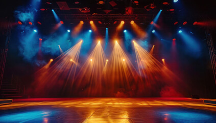Empty modern stage with bright background for performance, stage lighting with spotlights for theater performance or entertainment show
