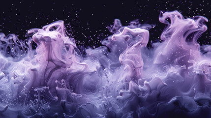 Delicate tendrils of pearl white and celestial lavender cascading in water, forming an enchanting and dreamy abstract composition against a backdrop of profound cosmic black. - obrazy, fototapety, plakaty