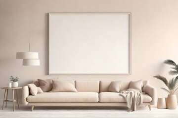 Blank horizontal frame mock up on wall in modern living room interior background in light beige tones, 3d rendering.