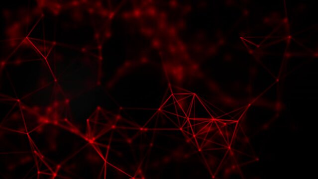 Animated futuristic Neon Red Lines, points, and polygons moving dots and lines. Abstract black background with moving and glowing lines Network connection structure.