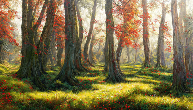Fantasy painterly art forest glade in Autumn with warm late afternoon sunshine and orange leaves, green grass and red flowers with a sense of peace and tranquility amongst the tall trees.