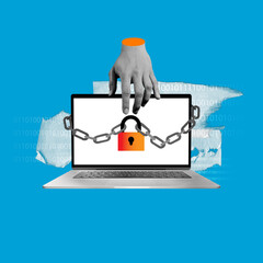 Human hand locking laptop screen with chain and padlock over binary code. Cybersecurity service ad....