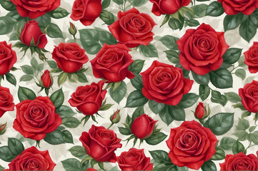 Fototapeta premium Illustrated painted pattern red flowers roses