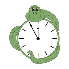 Cartoon children Clock with Snake design. Symbol 2025 Chinese New Year isolated white background. Serpent Clock. Vector illustration can used card cover design. EPS 10 Editable stroke